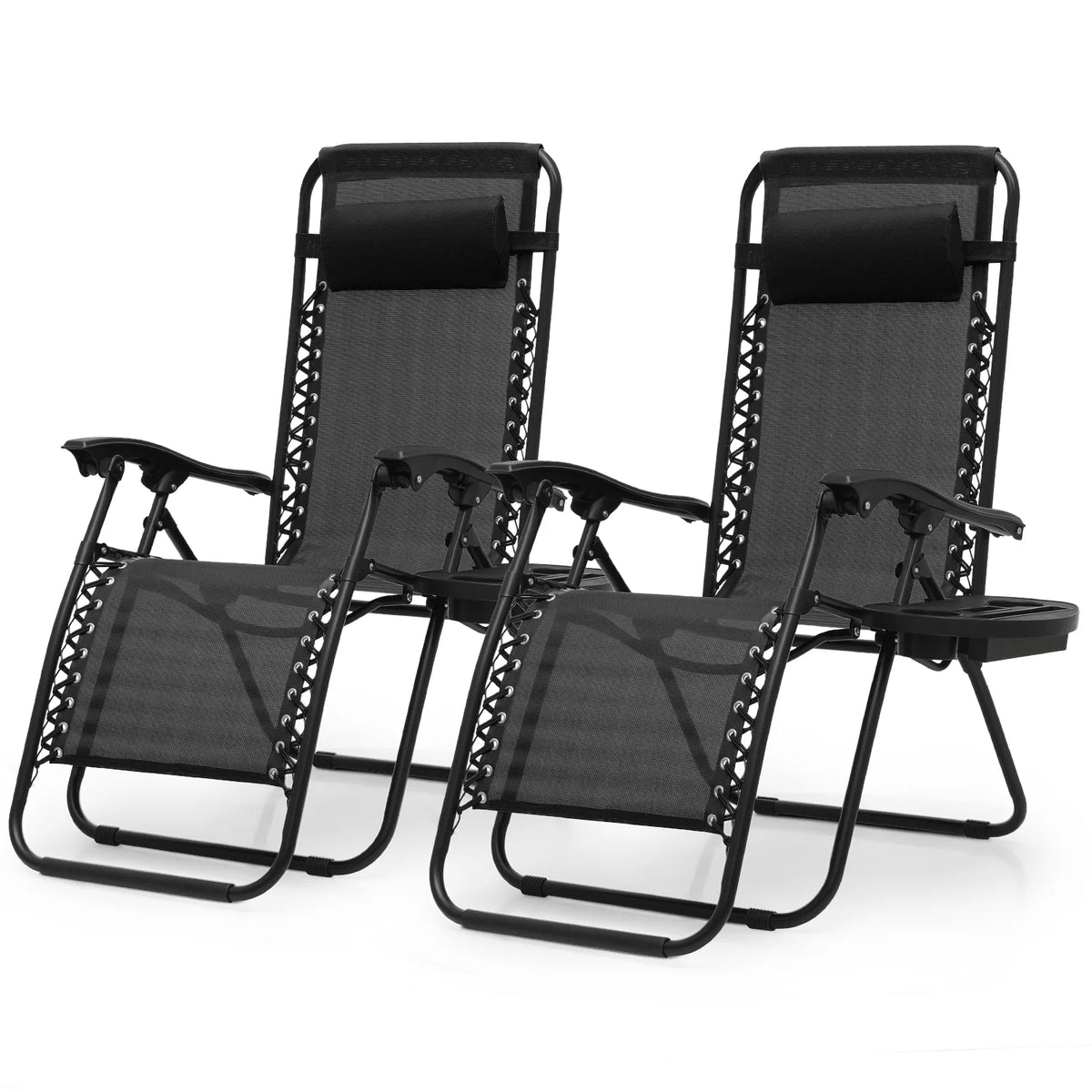Set of 2 Black Folding Zero Gravity Chair with Pillow and Cup Holder Z423
