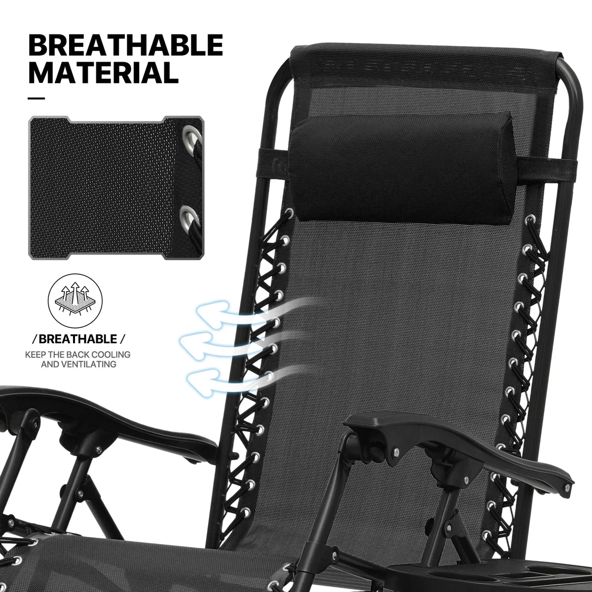 Set of 2 Black Folding Zero Gravity Chair with Pillow and Cup Holder Z423