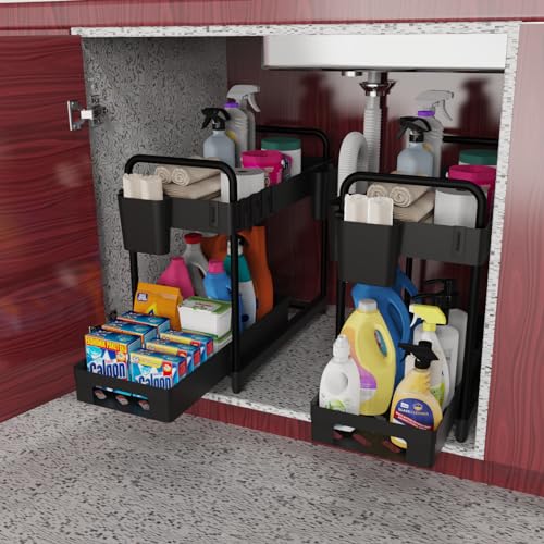 2 Pack Black 2 Tier Sliding Under Sink Shelf with 4 Hooks and Cup Slot D4230