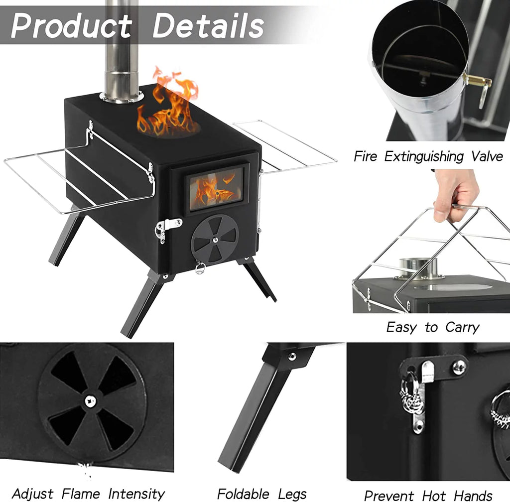 Black Portable Steel Camping Stove with Pipe Y276976