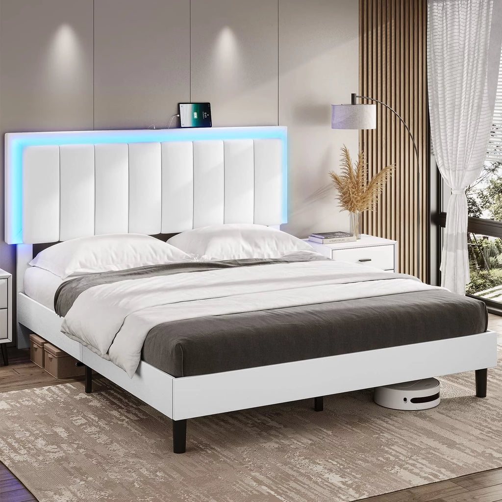 King Leather Upholstered Platform Bed with Charging Station and LED Lights X531111
