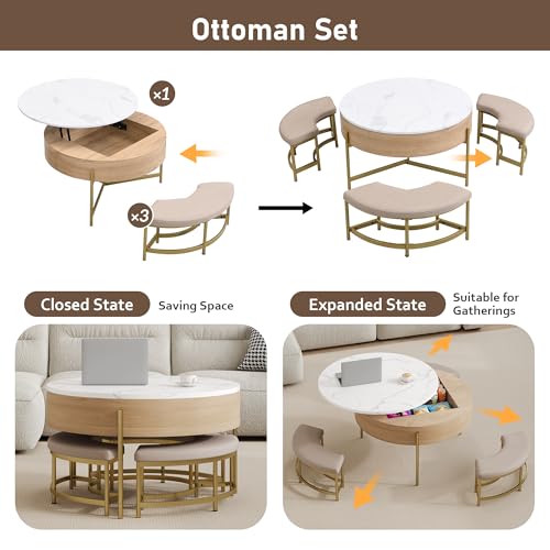 Round Lift-Top Coffee Table with Storage and 3 Ottoman V256