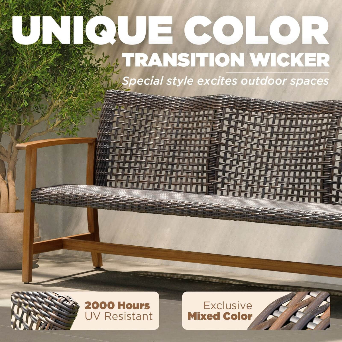 Teak Finish Acacia Patio Wicker Sofa Couch T927
