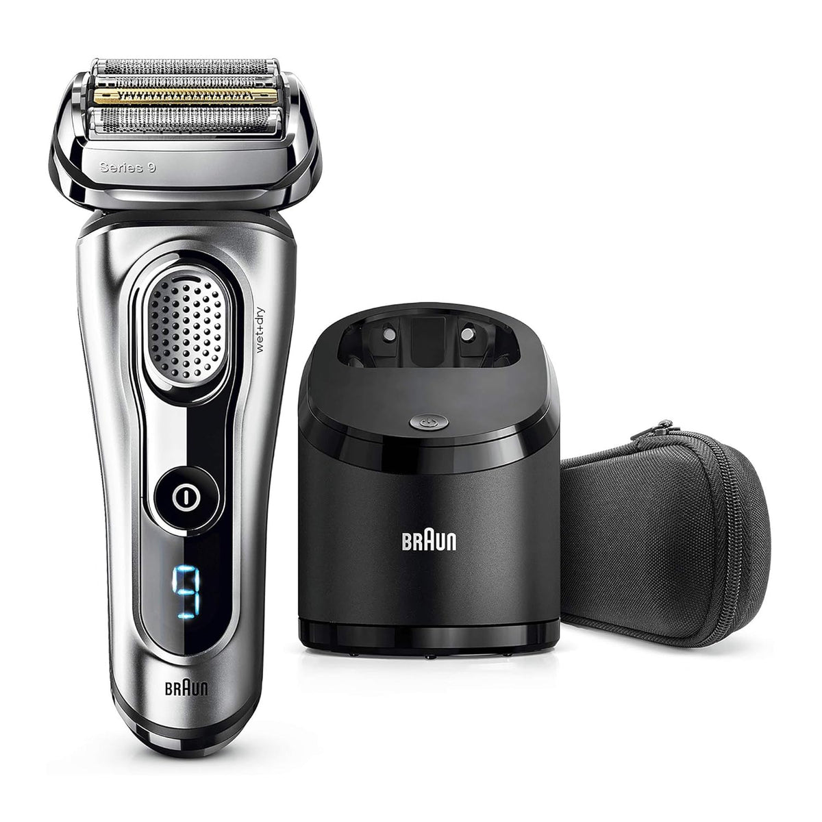 Silver Electric Shaver, Wet and Dry, Rechargeable Cordless Razor with Clean & Charge Station and Travel Case V622094