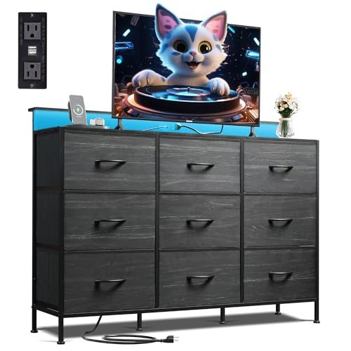 Black 9 Drawer Fabric Dresser with LED Lights and Charging Station G297