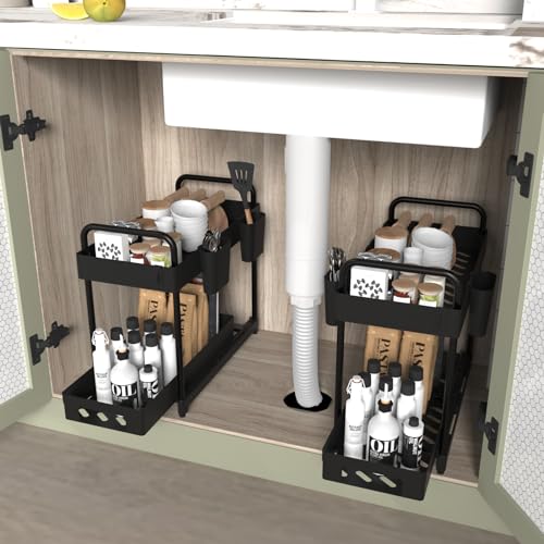 2 Pack Black 2 Tier Sliding Under Sink Shelf with 4 Hooks and Cup Slot D4230