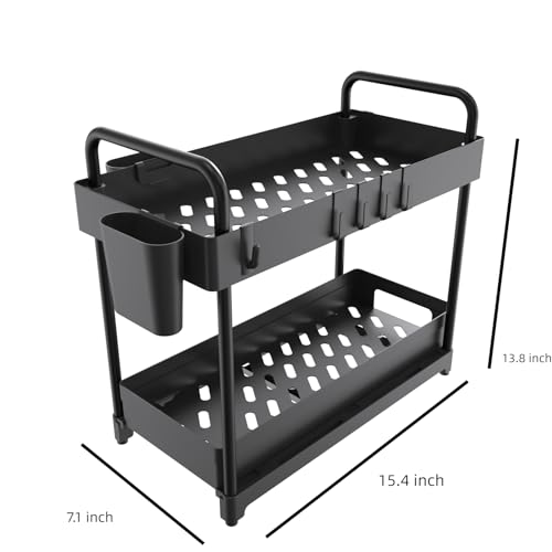 2 Pack Black 2 Tier Sliding Under Sink Shelf with 4 Hooks and Cup Slot D4230