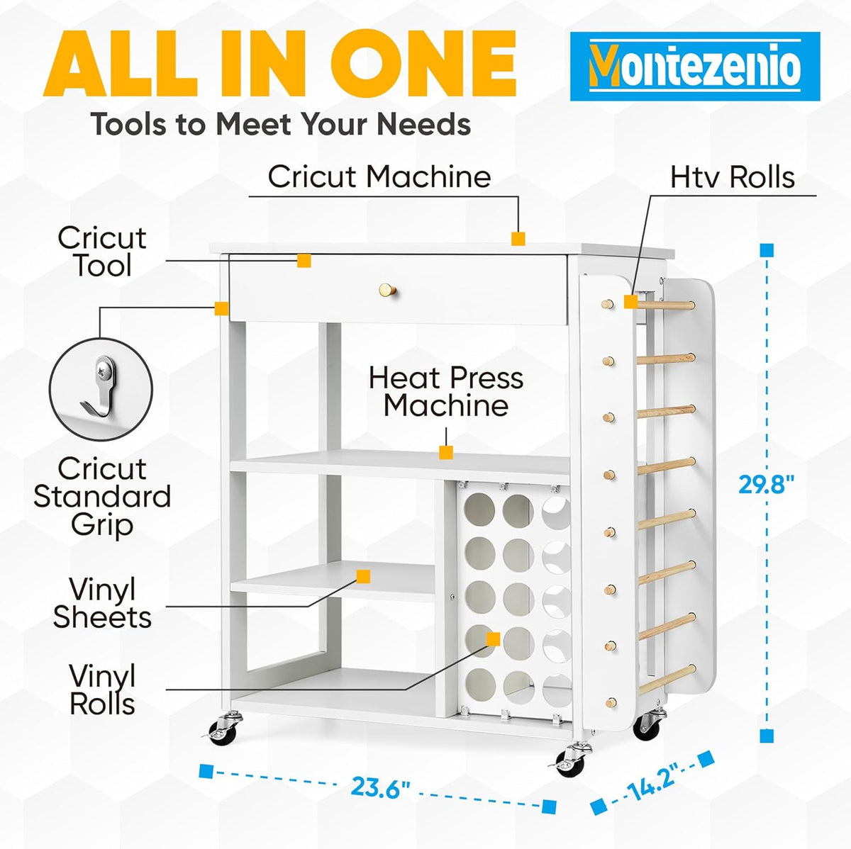Mobile Craft Storage with 23 Vinyl Roll Holder, Craft Table Stand with Wheels, Crafting Cabinet with Large Drawers O40703