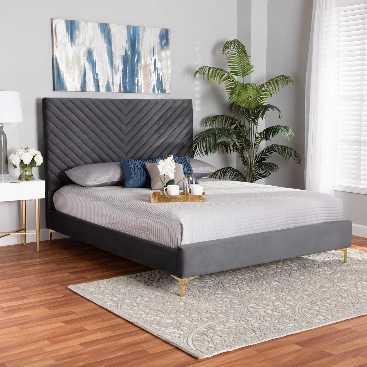 Grey Velvet King Size Platform Bed S687