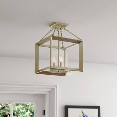 3 - Light 11.8x22 Lantern Square Semi Flush Mount Fixture White Gold Clear V168
