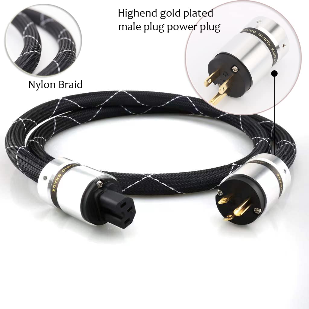 12AWG HiFi Power Cord 3-Prong Gold Plated Power Connectors AC Power Cable with US Plug + IEC 320 C15 Connector (2M / 6.56FT) L1002