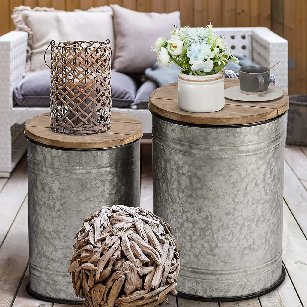 Rustic Storage Bins End Table Galvanized Metal Stool Ottoman Seat with Round Wood Lid Set of 2 Z7178