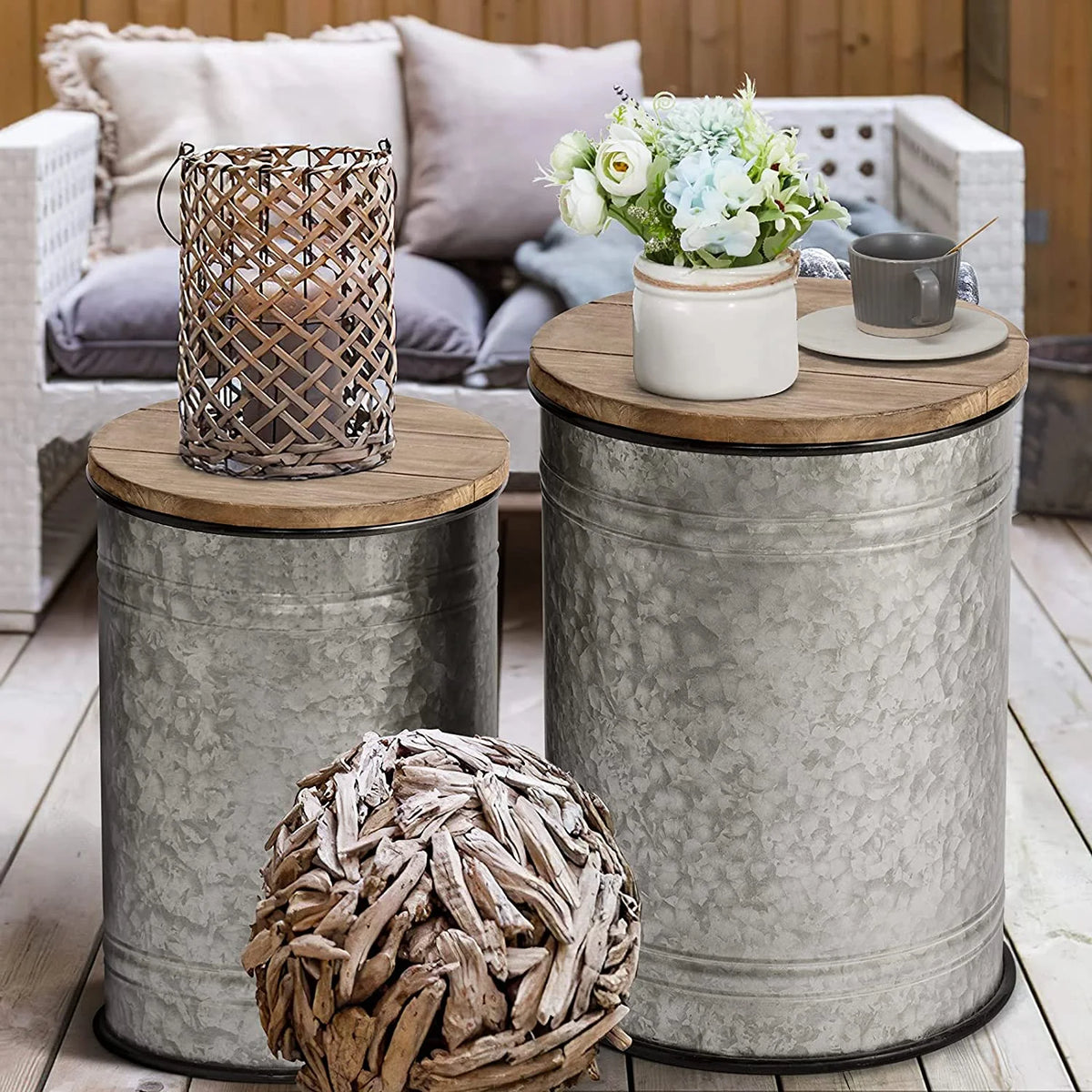 Rustic Storage Bins End Table Galvanized Metal Stool Ottoman Seat with Round Wood Lid Set of 2 Z7178