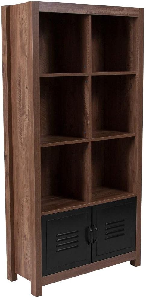 6 Cube Storage Organizer Bookcase with Metal Cabinet Doors in Crosscut Oak Wood Grain Finish Q848