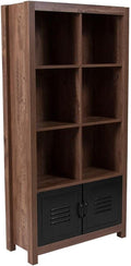 6 Cube Storage Organizer Bookcase with Metal Cabinet Doors in Crosscut Oak Wood Grain Finish Q848