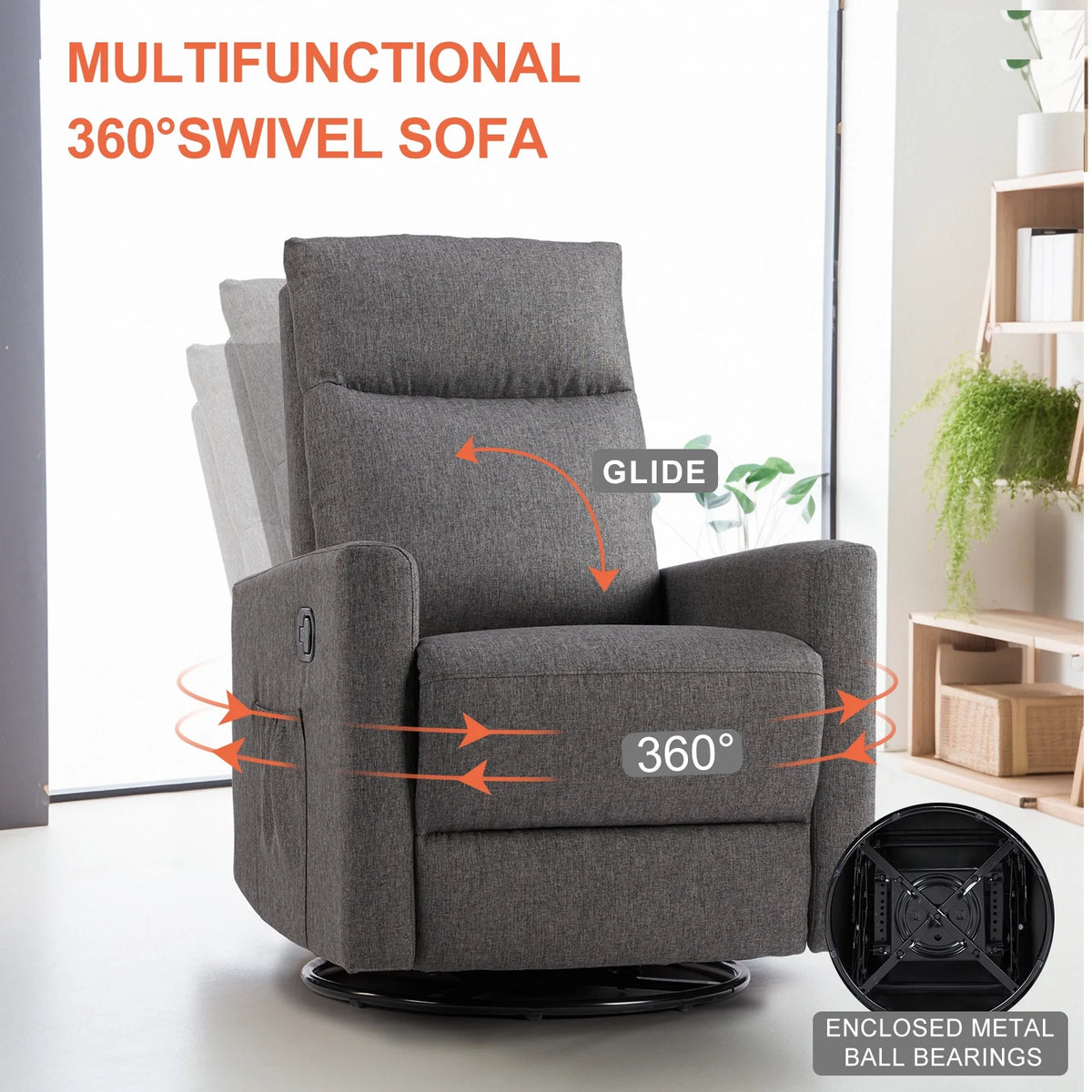 Grey Swivel Glider Rocker Recliner Chair with Adjustable Backrest and Footrest B652132