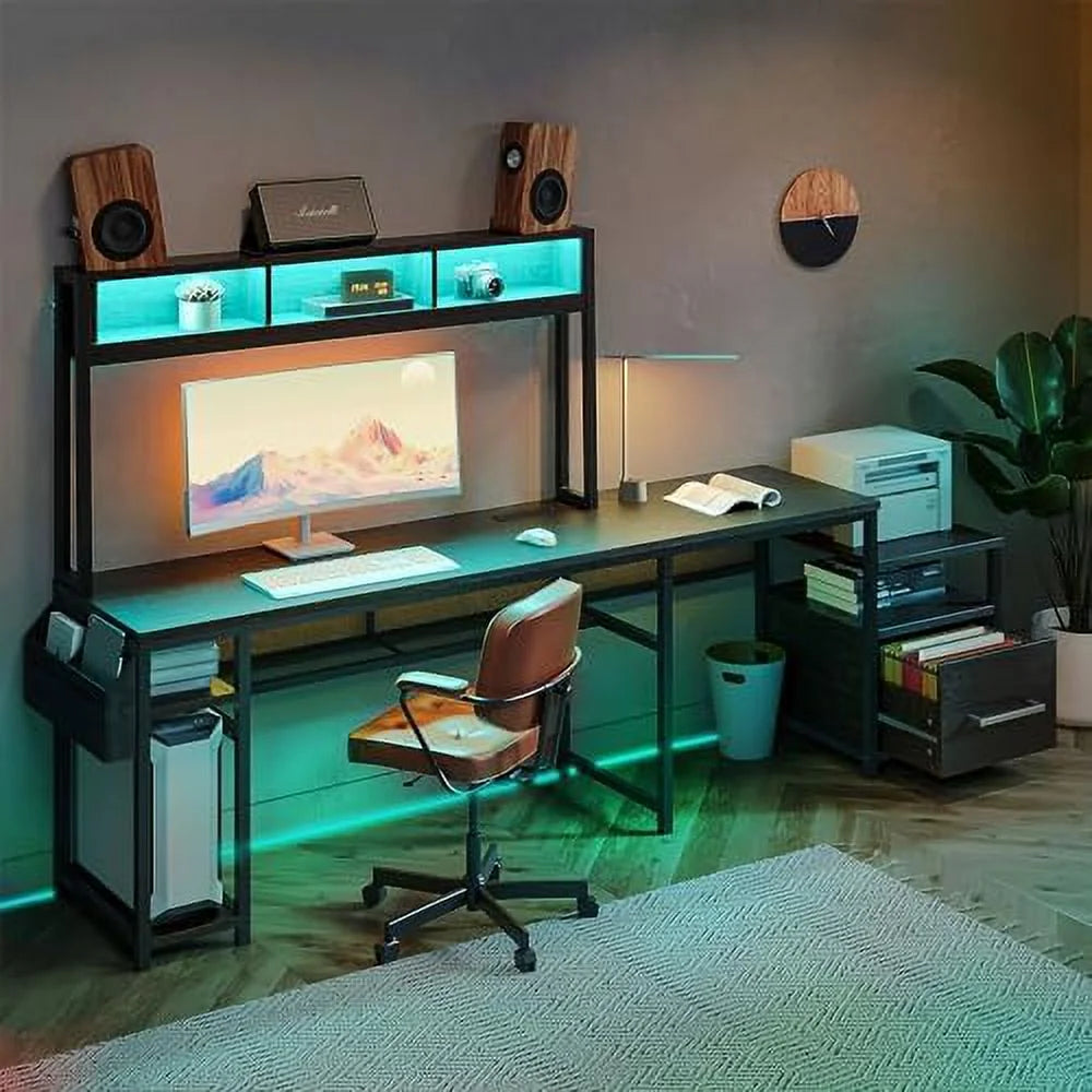 Computer Desk with Monitor Stand and File Cabinet, 104" Long L-Shaped Desk with RGB LED Lights and USB AC Outlet W802