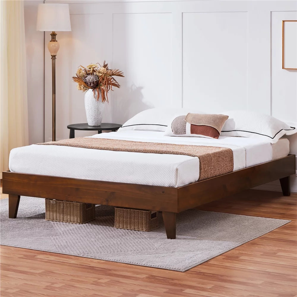 Queen Smoked Walnut Platform Bed Frame with Wood Slat Support T286