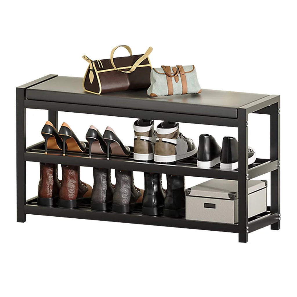 2-Tier Gray Shoe Rack Bench with Vegan Leather Seat K59660