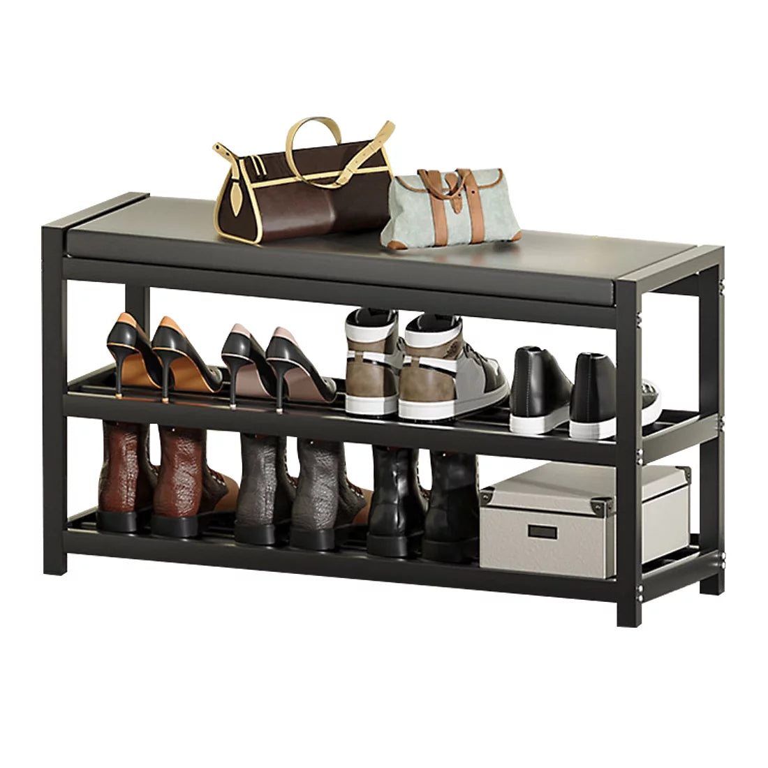 2-Tier Gray Shoe Rack Bench with Vegan Leather Seat K59660