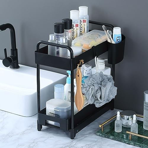 2 Pack Black 2 Tier Sliding Under Sink Shelf with 4 Hooks and Cup Slot D4230