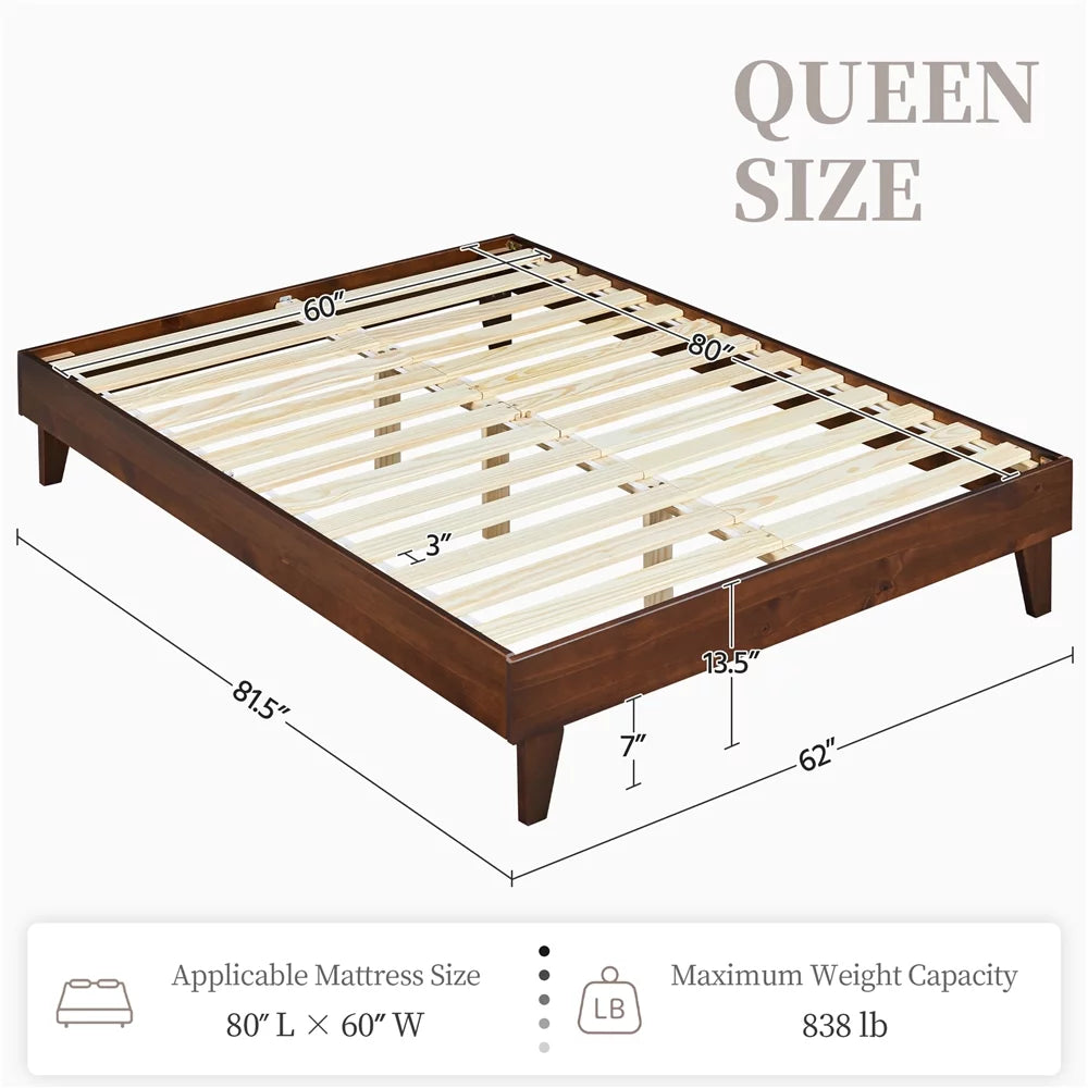 Queen Smoked Walnut Platform Bed Frame with Wood Slat Support T286