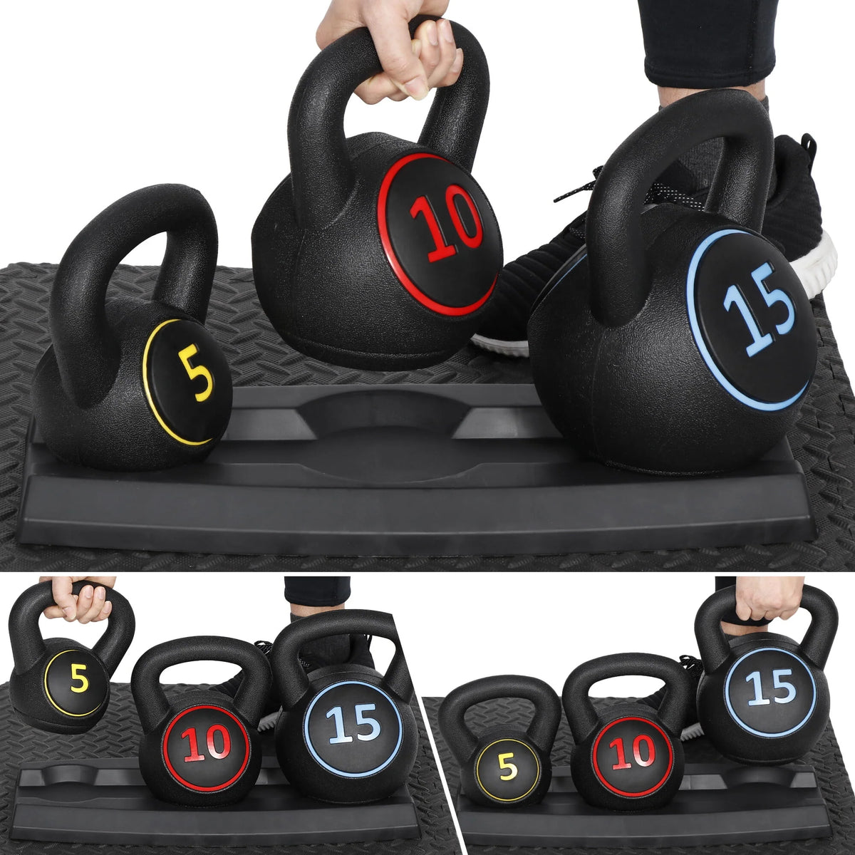 3 Piece 5lb 10lb 15lb Kettlebell Set with Storage Rack T8011
