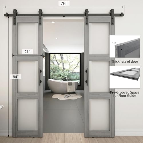 White 3-Panel Frosted Glass Solid Wood Barn Door with Sliding Door Hardware Kit Q7509
