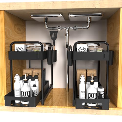 2 Pack Black 2 Tier Sliding Under Sink Shelf with 4 Hooks and Cup Slot D4230