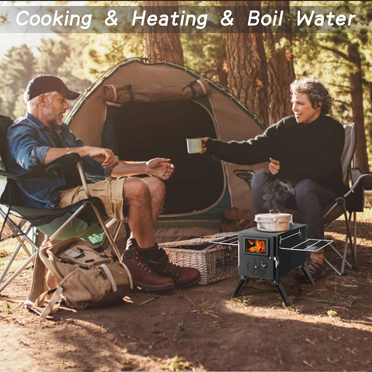 Black Portable Steel Camping Stove with Pipe Y276976
