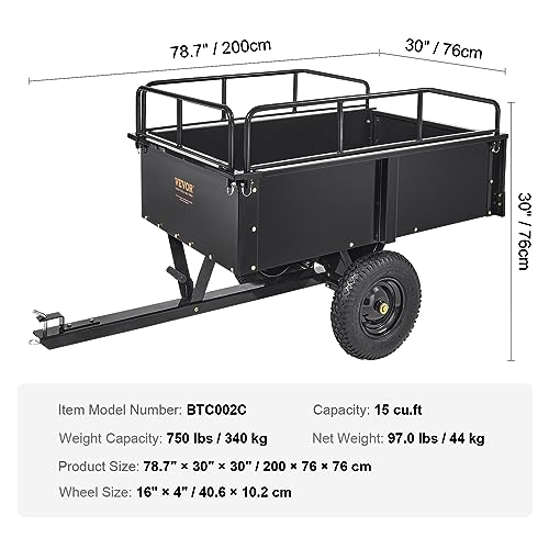 Heavy Duty Steel ATV Dump Cart, 750 lbs, 15 Cubic Feet Garden Utility with Removable Sides Y762269