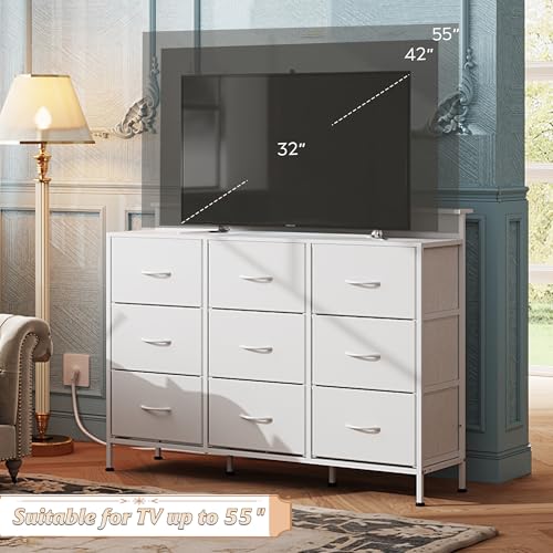 Black 9 Drawer Fabric Dresser with LED Lights and Charging Station G297