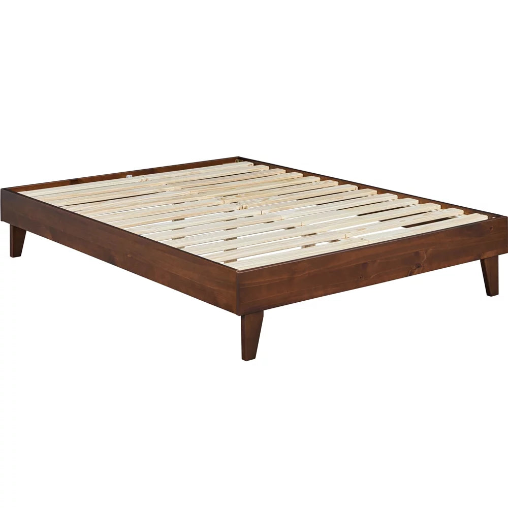Queen Smoked Walnut Platform Bed Frame with Wood Slat Support T286