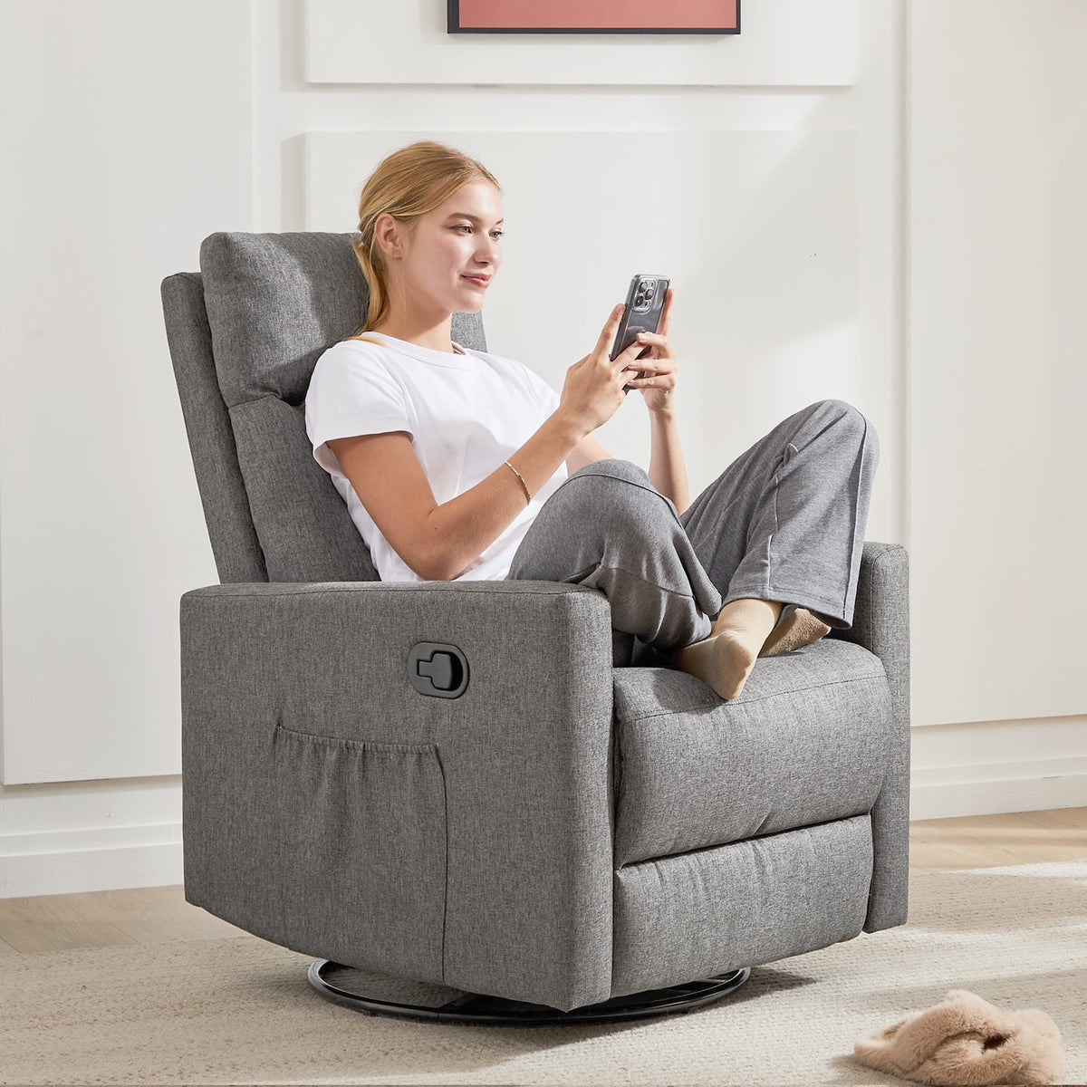 Grey Swivel Glider Rocker Recliner Chair with Adjustable Backrest and Footrest B652132