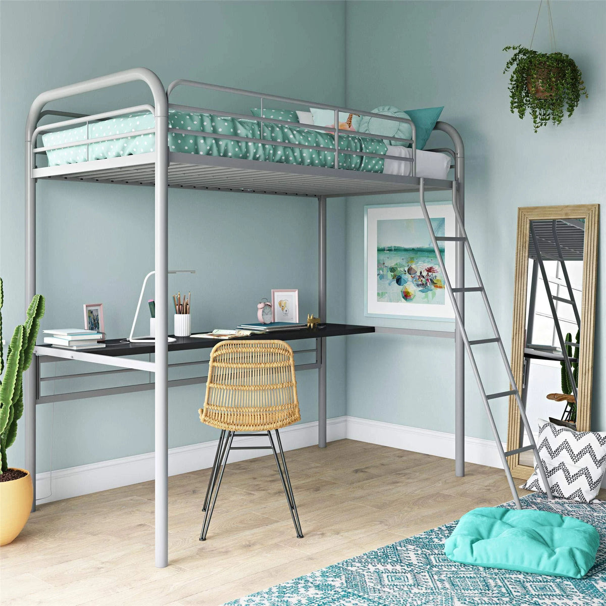 Twin Size Metal Loft Bed with Desk J16747