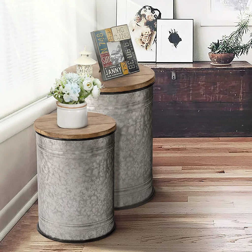 Rustic Storage Bins End Table Galvanized Metal Stool Ottoman Seat with Round Wood Lid Set of 2 Z7178
