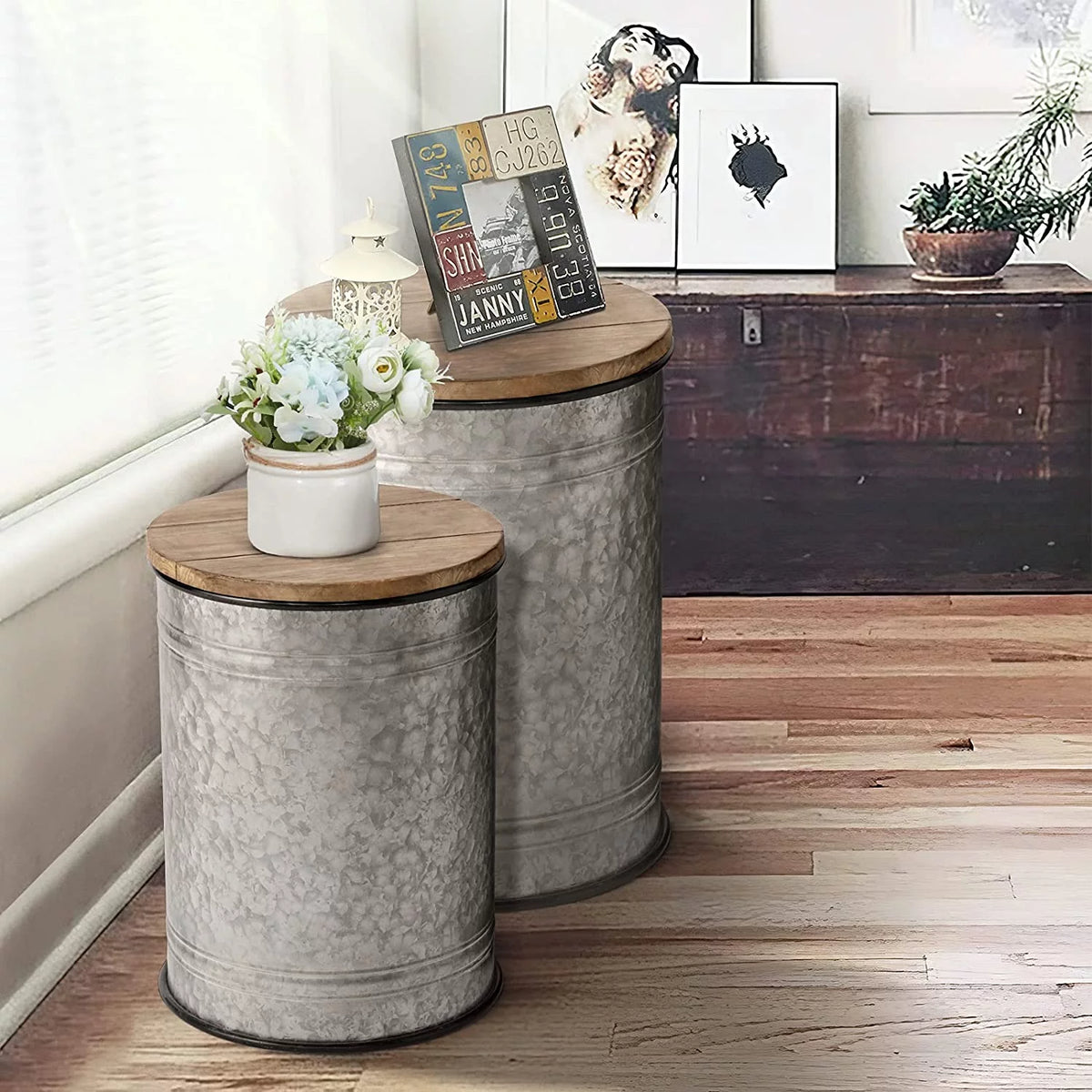 Rustic Storage Bins End Table Galvanized Metal Stool Ottoman Seat with Round Wood Lid Set of 2 Z7178