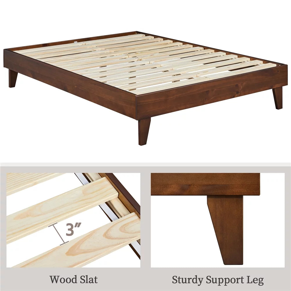 Queen Smoked Walnut Platform Bed Frame with Wood Slat Support T286
