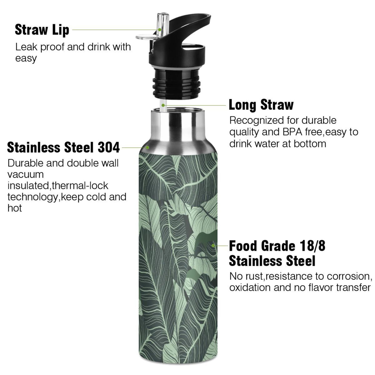 Tropical Green Leaves Stainless Steel Insulated Water Bottle with Straw Lid I5372