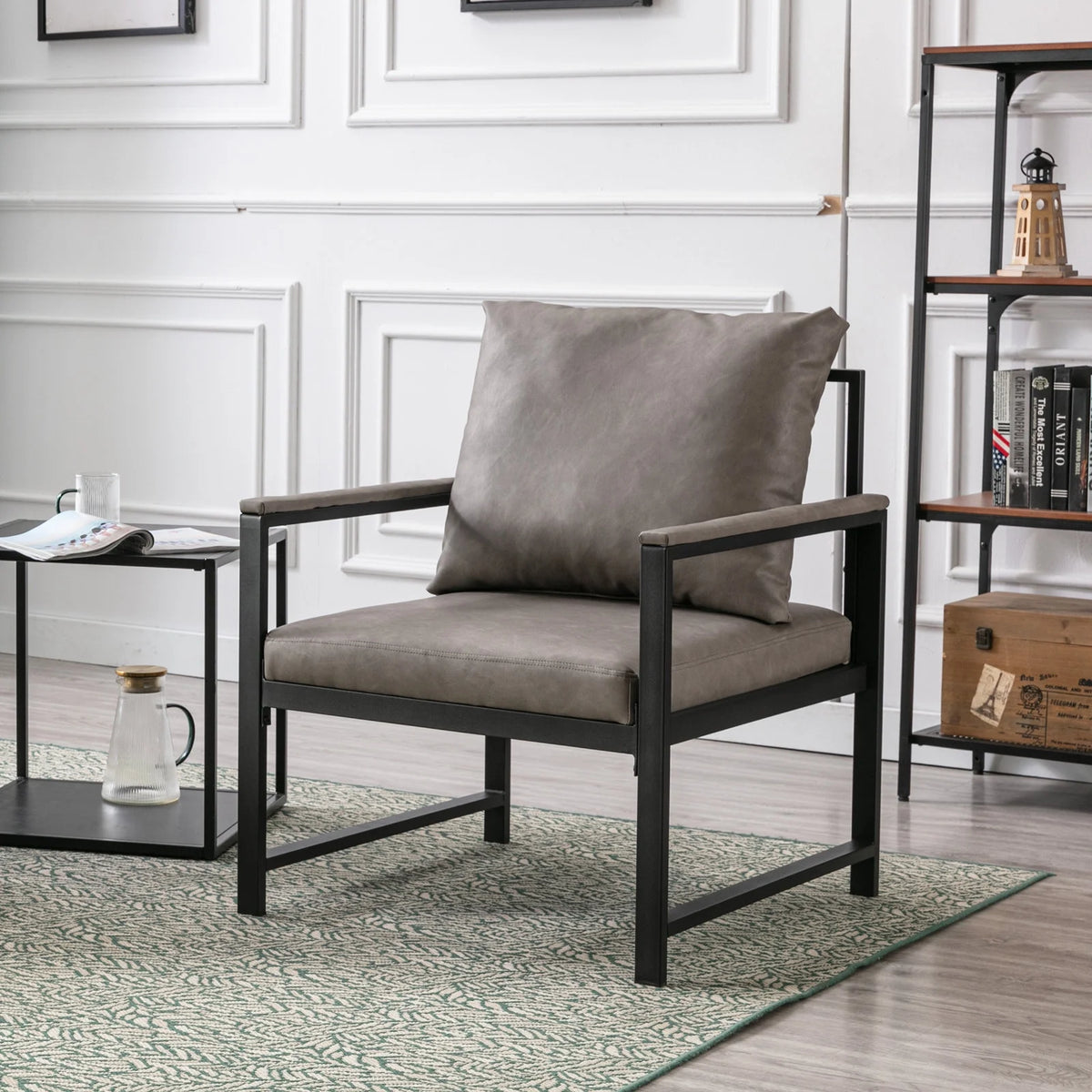 Gray Faux Leather Accent Chair with Black Metal Frame N36575