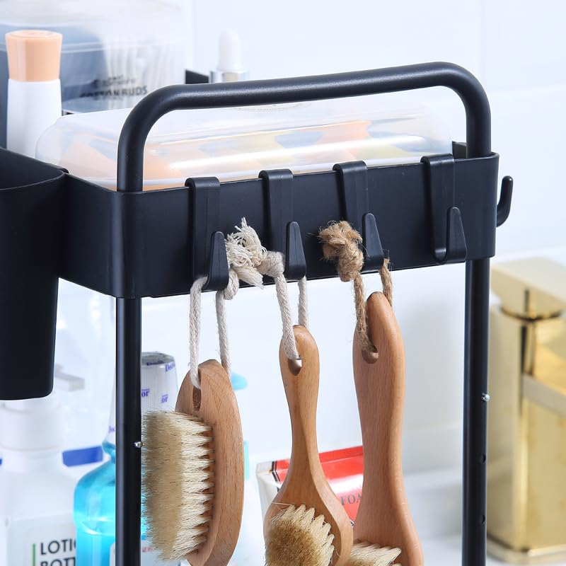 2 Pack Black 2 Tier Sliding Under Sink Shelf with 4 Hooks and Cup Slot D4230