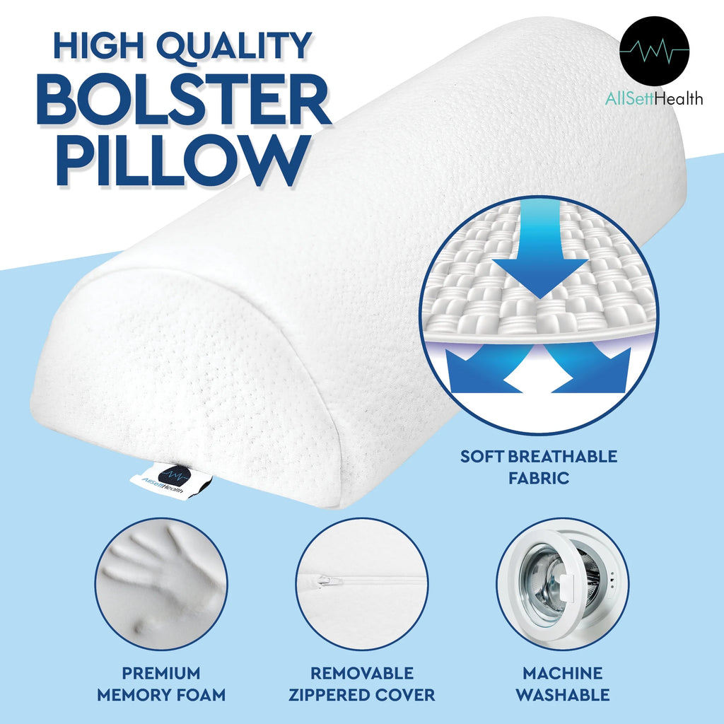 2 Pack XXL Half Moon Bolster Pillow with White Cotton Machine Washable Cover, Premium Memory Foam, 20.5" x 8" x 4.5" T387