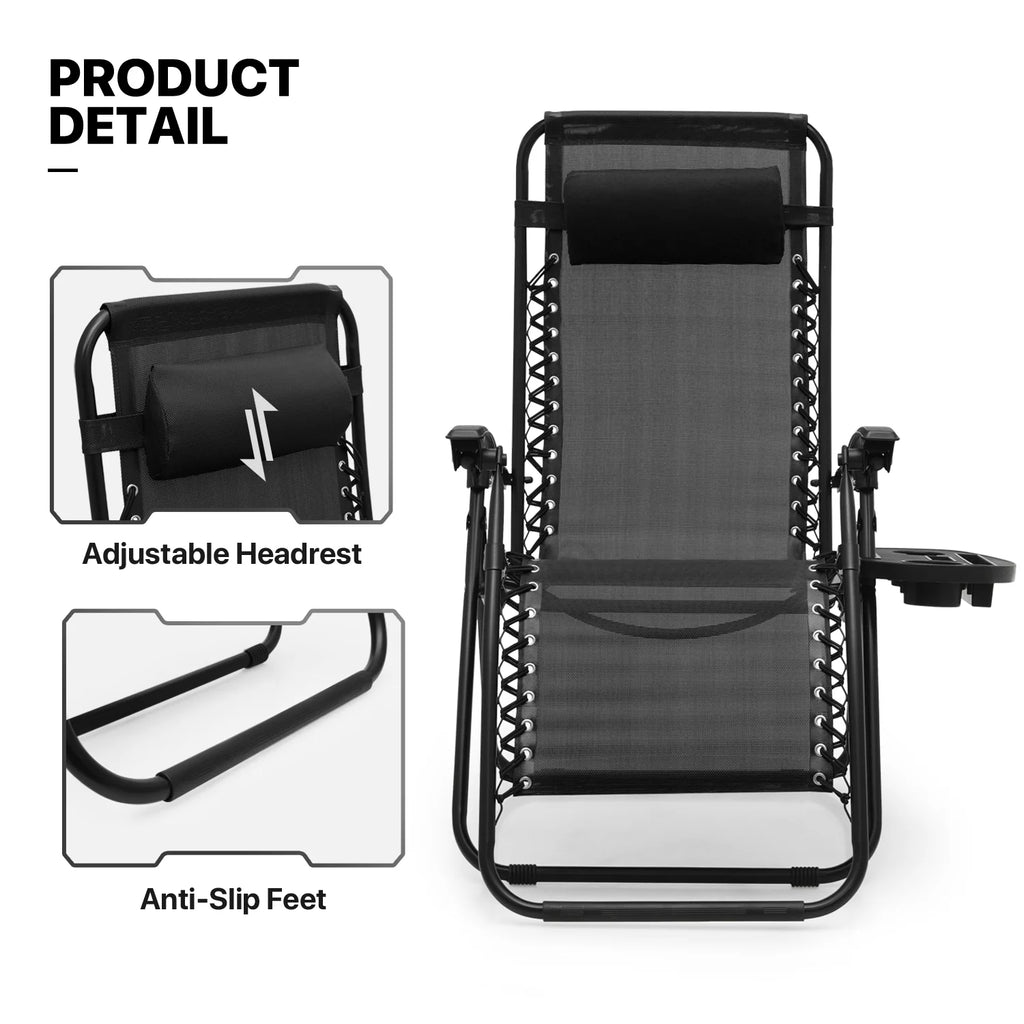 Set of 2 Black Folding Zero Gravity Chair with Pillow and Cup Holder Z423