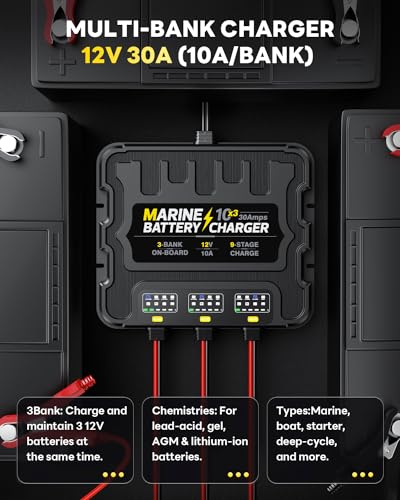 2 Bank Marine Battery Charger, 10A, 12V, Waterproof, Lithium, AGM, Deep-Cycle U2086