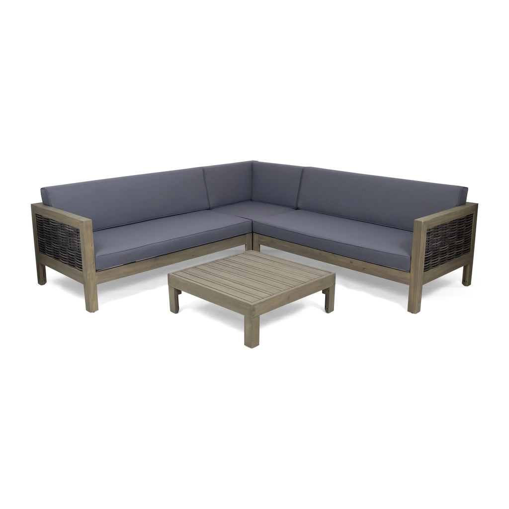 Acacia Wood Wicker 5 Seater Sectional Sofa Set with Cushions O26166