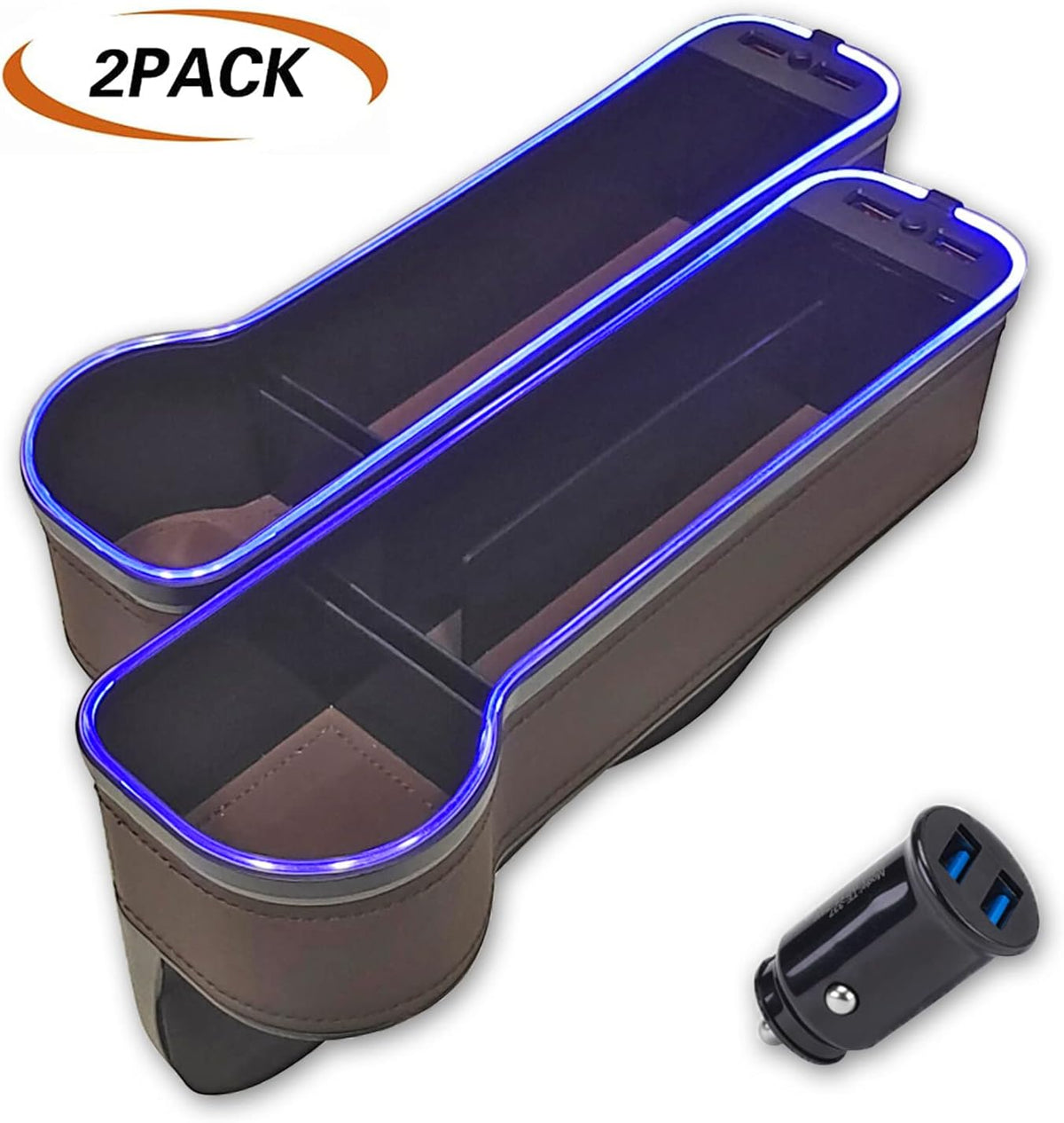 2 Pack Car Cup Holder Seat Organizer with LED Light Bar, Brown G2456