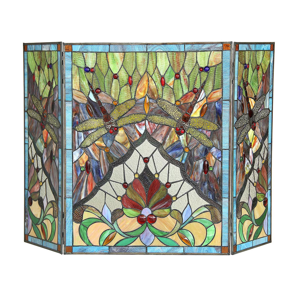 Tiffany-glass 3pcs Folding Dragonfly Fireplace Screen 44" Wide A347119