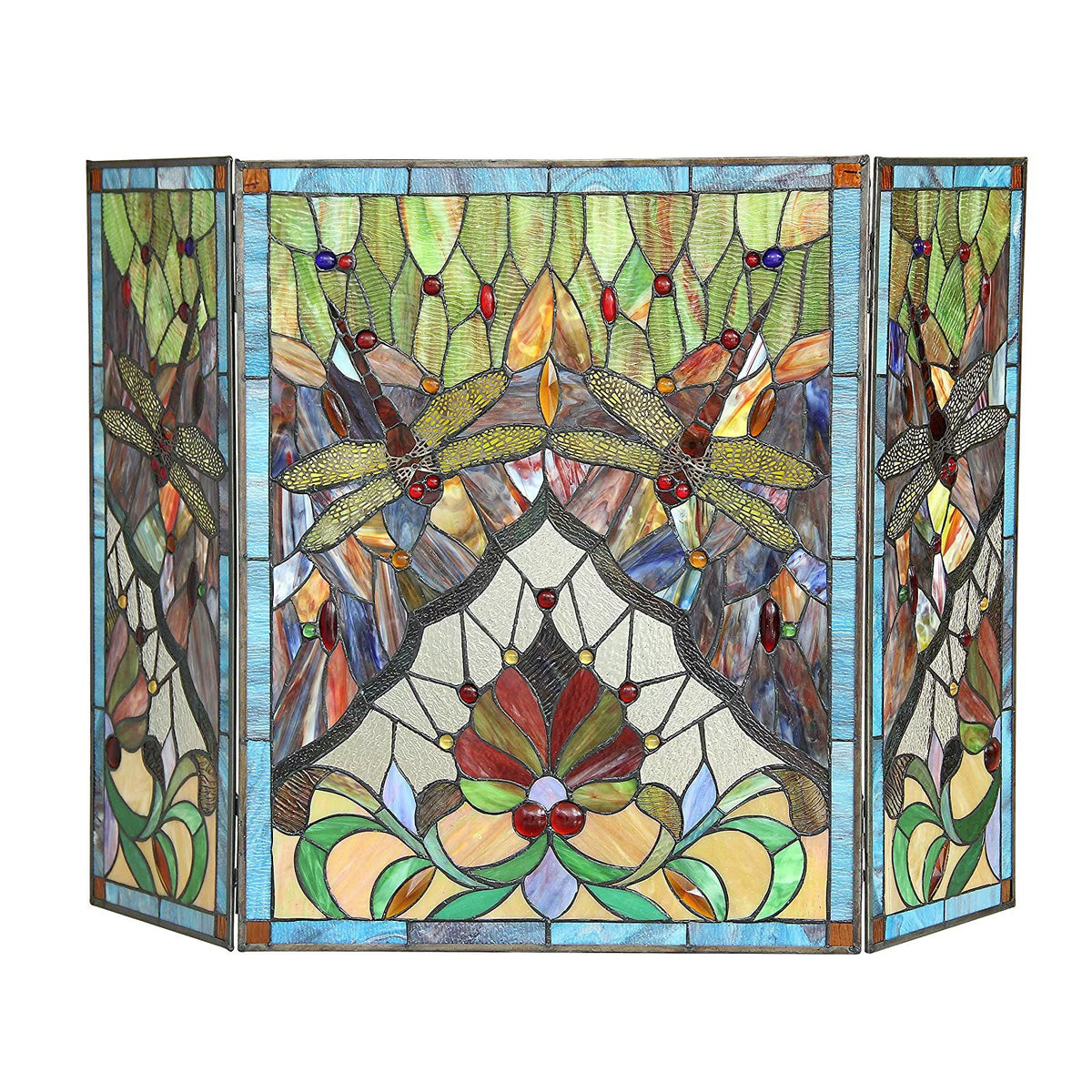 Tiffany-glass 3pcs Folding Dragonfly Fireplace Screen 44" Wide A347119