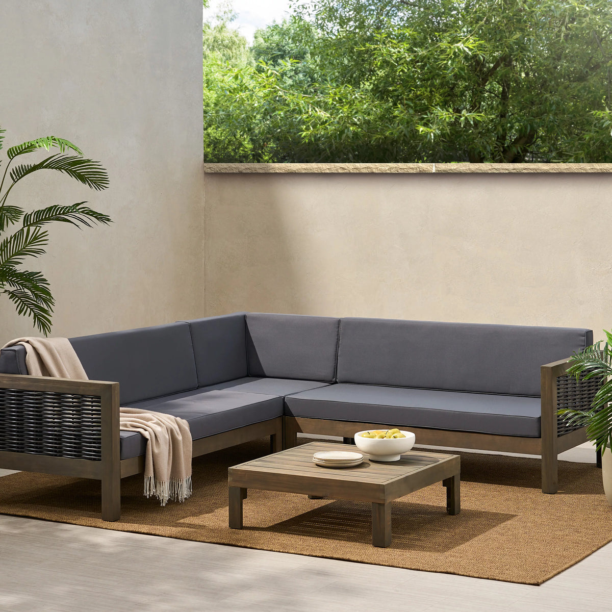 Acacia Wood Wicker 5 Seater Sectional Sofa Set with Cushions O26166