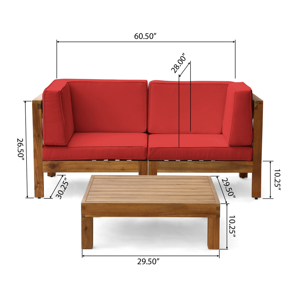Brown Acacia Wood Sectional Loveseat with Coffee Table X116